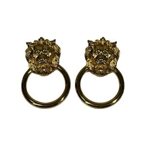 Vintage Gold Tone Lion Door Knocker Earrings Costume Jewelry Pierced Ear Glam